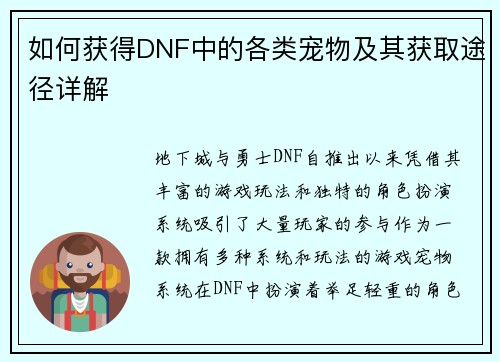 如何获得DNF中的各类宠物及其获取途径详解 如何获得DNF中的各类宠物及其获取途径详解